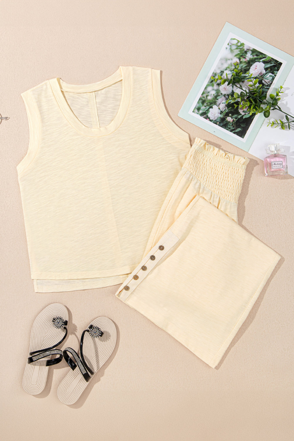 Beige Solid Color Tank Top and Smocked Waist Pants Set Pant Sets JT's Designer Fashion