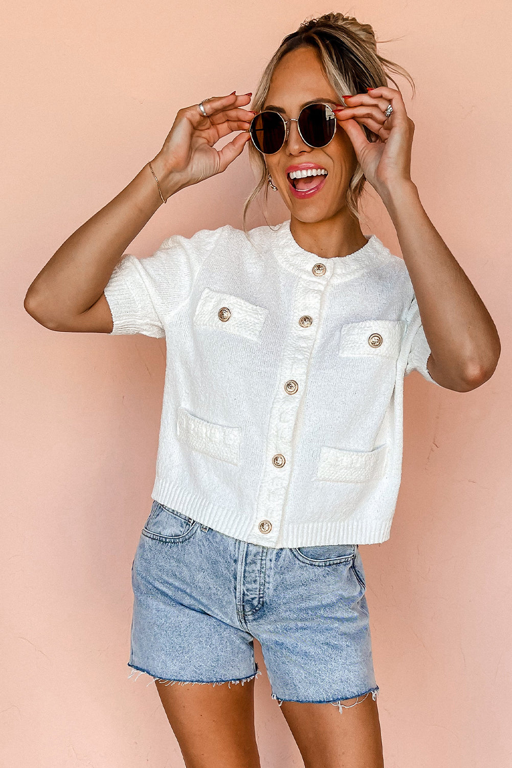 White Short Sleeve Button Detail Lightweight Knitted Shirt Sweaters & Cardigans JT's Designer Fashion