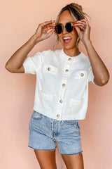 White Short Sleeve Button Detail Lightweight Knitted Shirt Sweaters & Cardigans JT's Designer Fashion