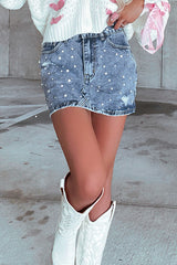Dusk Blue Rhinestone Distressed Denim High Waist Mini Skirt Skirts & Petticoat JT's Designer Fashion