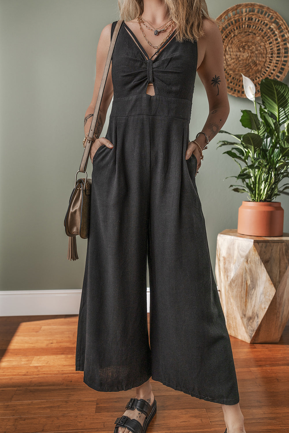Black Front Cut Out Smocked Back Sleeveless Wide Leg Jumpsuit Bottoms JT's Designer Fashion