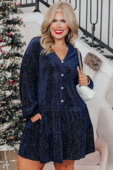 Navy Blue Plus Size Textured Velvet Tiered Button V Neck Dress Plus Size Mini Dresses JT's Designer Fashion