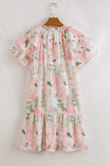 Pink Floral Contrast Edge Layered Short Sleeve Mini Dress Floral Dresses JT's Designer Fashion