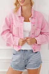 Pink Rivet Studded Pocketed Denim Jacket Denim Jackets JT's Designer Fashion