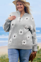 Gray Plus Size Embroidered Floral Pattern Half Zip Sweater Plus Size Sweaters & Cardigans JT's Designer Fashion