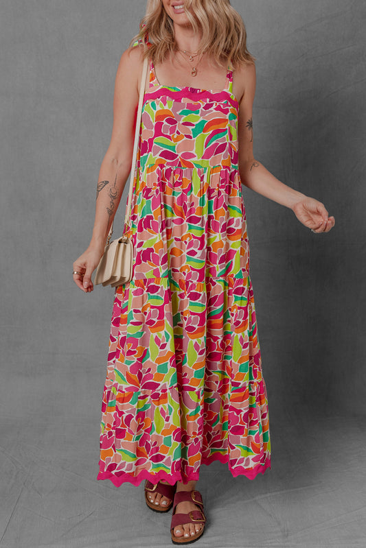 Multicolour Floral Tied Straps Ricrac Trim Long Dress Maxi Dresses JT's Designer Fashion
