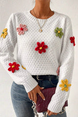 White Colorful Flower Applique Textured Knit Sweater Sweaters JT's Designer Fashion