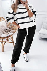 Black Stripe Drop Shoulder Pullover and Jogger Pants Set Pant Sets JT's Designer Fashion