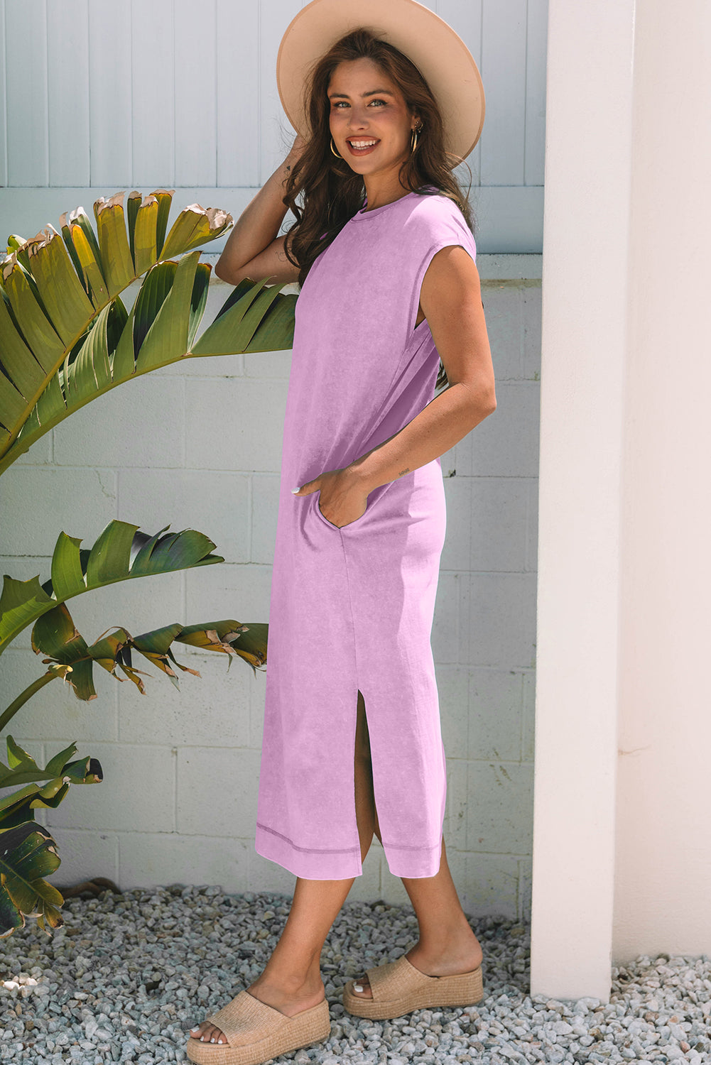 Wisteria Mineral Wash Pocketed T-shirt Long Dress T Shirt Dresses JT's Designer Fashion