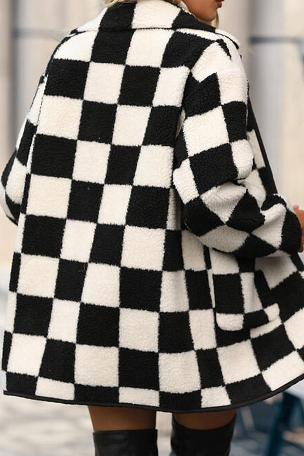 Black Checkered Side Pockets Collared Buttoned Fleece Jacket Jackets JT's Designer Fashion