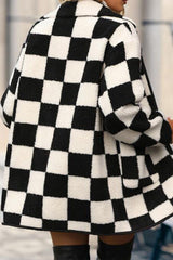 Black Checkered Side Pockets Collared Buttoned Fleece Jacket Jackets JT's Designer Fashion