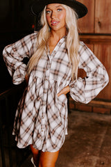 White Plaid Bubble Sleeve Flowy Shirt Dress Mini Dresses JT's Designer Fashion