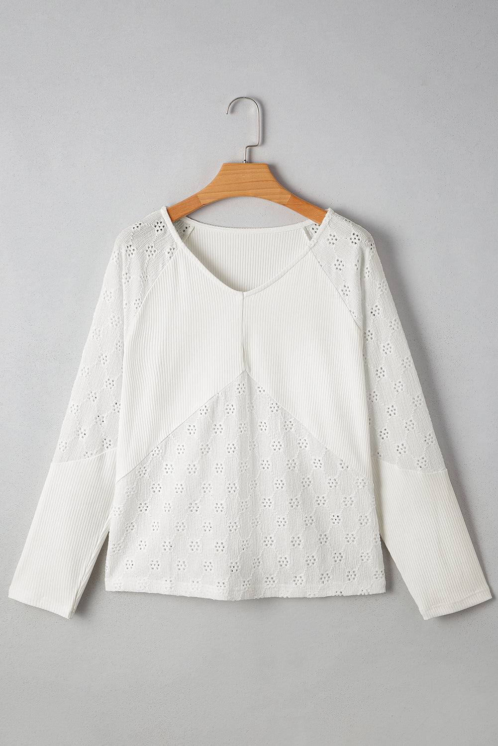 White Twisted Rib Patchwork Embroidered Loose V Neck Long Sleeve Top Blouses & Shirts JT's Designer Fashion