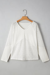 White Twisted Rib Patchwork Embroidered Loose V Neck Long Sleeve Top Blouses & Shirts JT's Designer Fashion