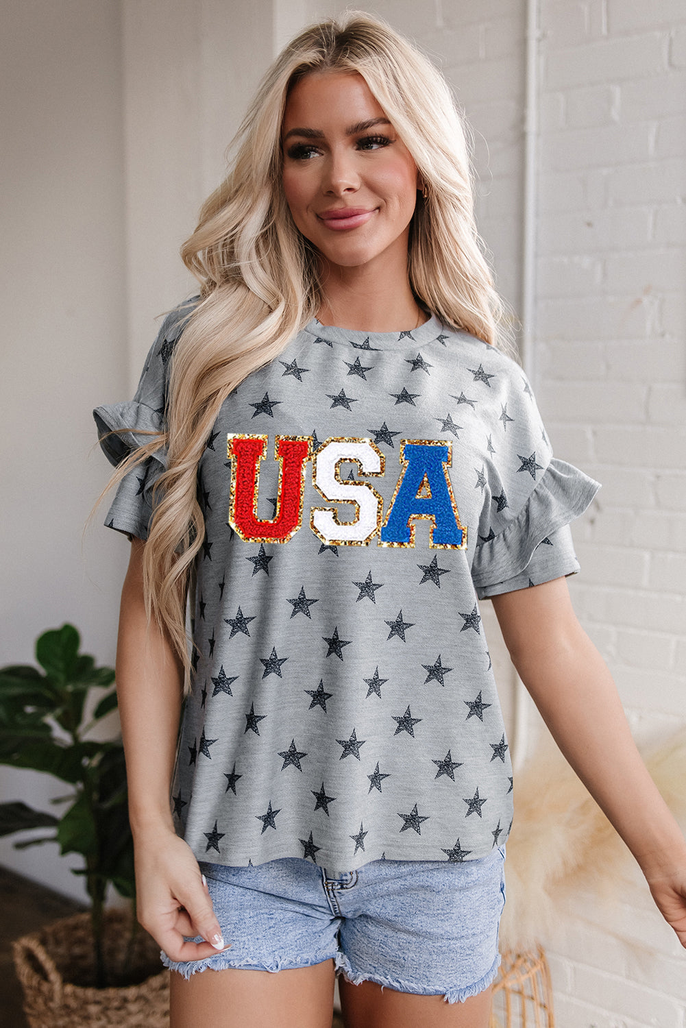 Gray USA Letter Patched Star Printed Ruffle Trim Sleeves Loose Tee Graphic Tees JT's Designer Fashion