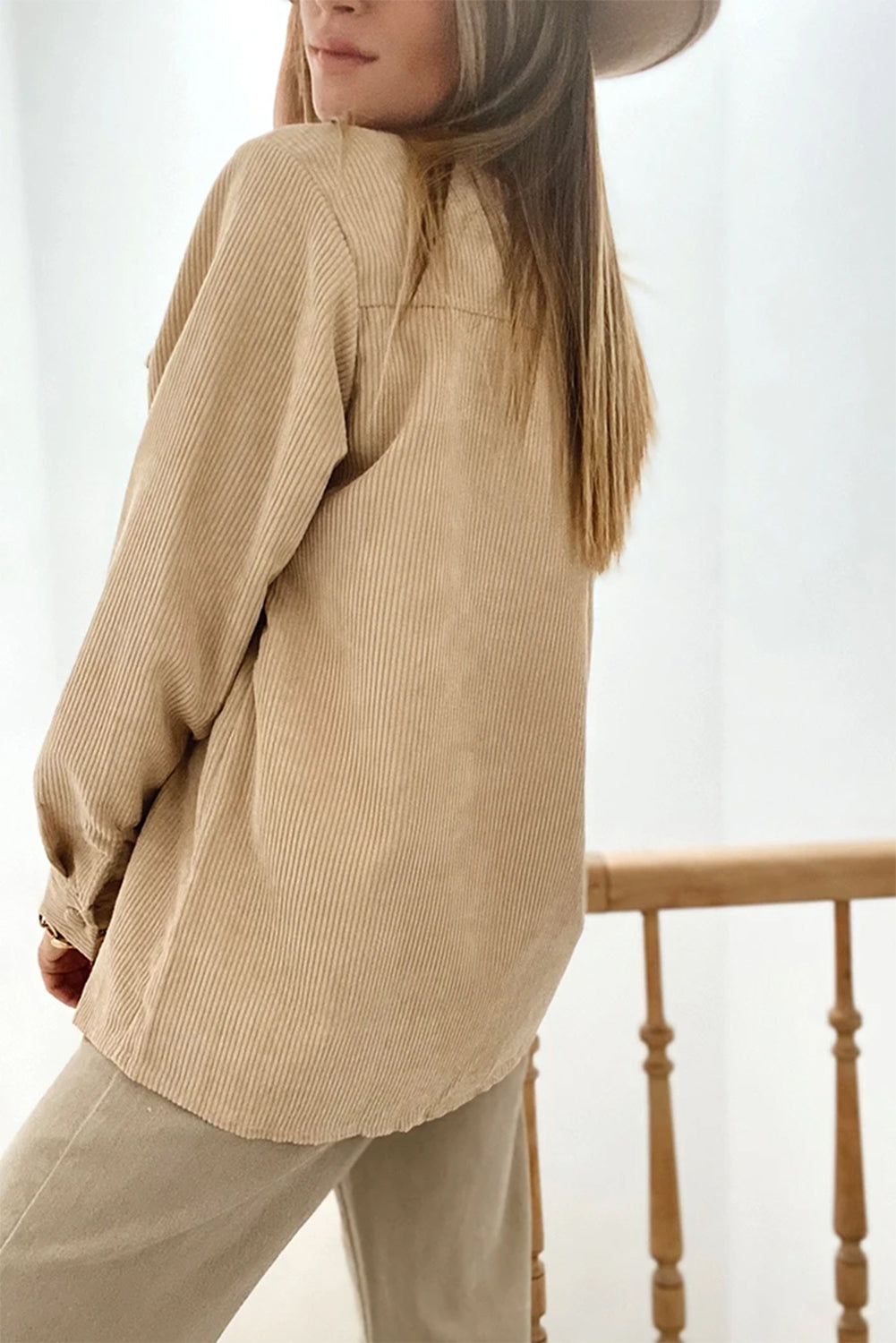 Light French Beige Solid Frilled Flap Pocket Button Up Corduroy Shacket Jackets JT's Designer Fashion