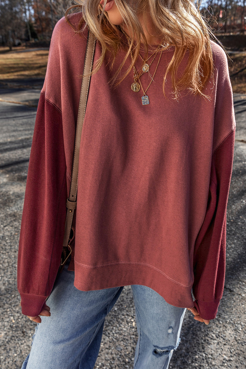 Mineral Red Two Tone Patchwork Drop Shoulder Pullover Sweatshirt Sweatshirts & Hoodies JT's Designer Fashion