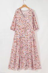 Red Boho Half Sleeve Floral V Neck Maxi Dress Floral Dresses JT's Designer Fashion