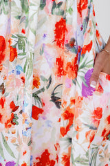 Pink Floral Double Ruffle Sleeve V Neck High Waist Mini Dress Floral Dresses JT's Designer Fashion