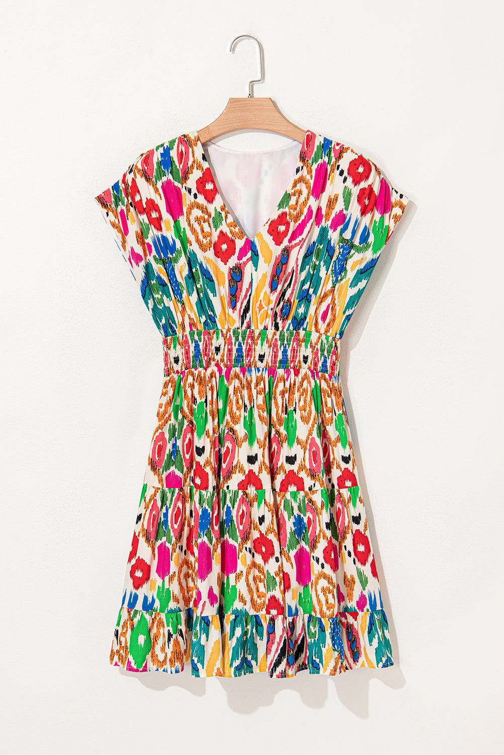 Sky Blue Abstract Print V Neck Dolman Sleeve Ruffle Tiered Mini Dress Dresses JT's Designer Fashion