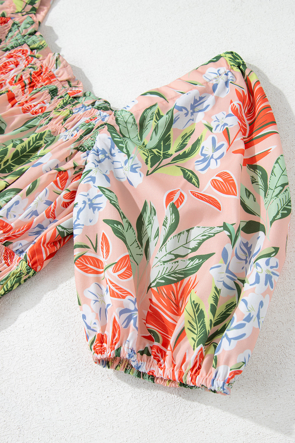 Apricot Pink Floral Smocked Bust Bubble Short Sleeve Long Dress Maxi Dresses JT's Designer Fashion