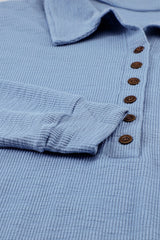 Sky Blue Button Front Turn-down Neck Knit Top Long Sleeve Tops JT's Designer Fashion