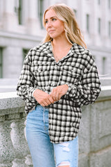 Black Plaid Print Chest Pockets Buttoned Tunic Shacket Plaid Shackets JT's Designer Fashion