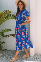 Sky Blue Floral Puff Short Sleeve V Neck High Waist Maxi Dress Floral Dresses JT's Designer Fashion
