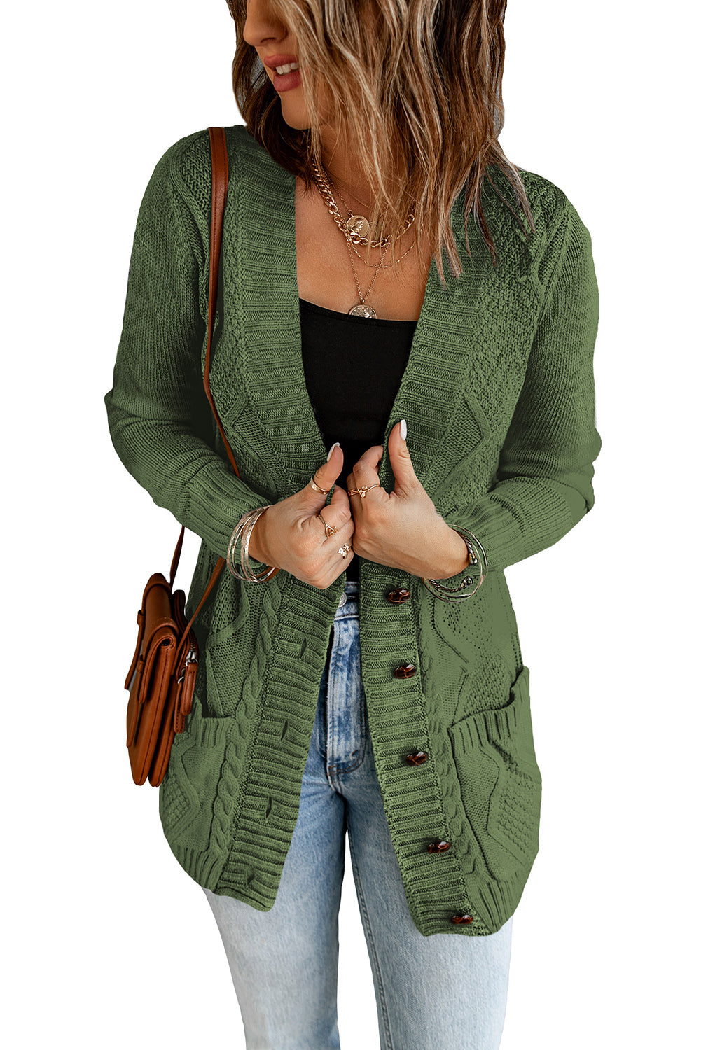 Green Front Pocket and Buttons Closure Cardigan Sweaters & Cardigans JT's Designer Fashion