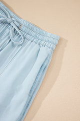 Beau Blue Light Wash Contrast Trim Center Seam Drawstring Elastic Waistband Wide Leg Denim Pants Jeans JT's Designer Fashion