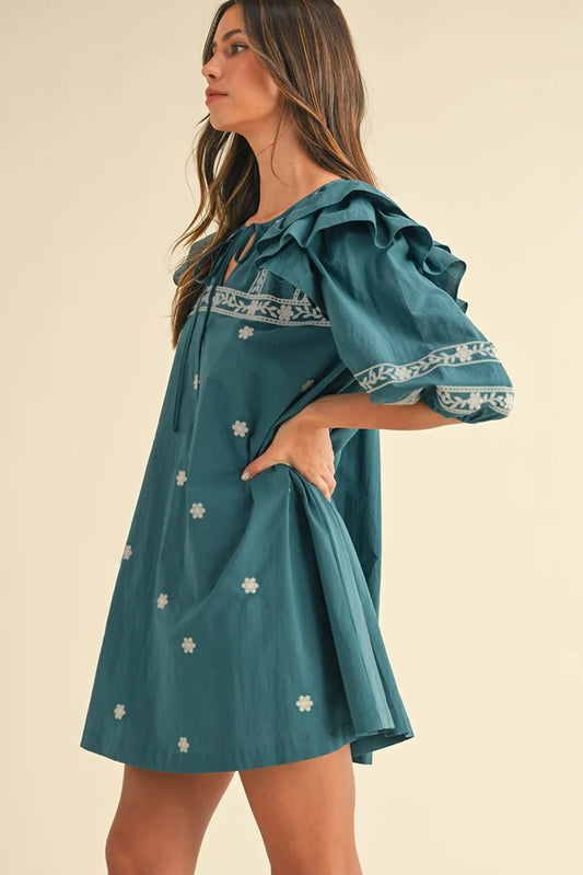 Skobeloff Boho Floral Ruffle Puff Sleeve Lace-up V Neck Mini Dress Floral Dresses JT's Designer Fashion
