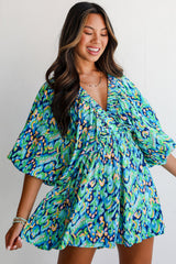 Green Abstract Print Puff Sleeve V Neck High Waist Romper Jumpsuits & Rompers JT's Designer Fashion