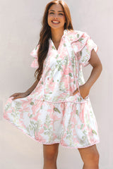 Pink Floral Contrast Edge Layered Short Sleeve Mini Dress Floral Dresses JT's Designer Fashion