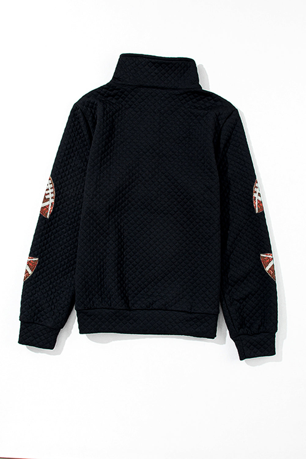 Black Sequin Rugby Football Patched Quarter Zip Textured Sweatshirt Graphic Sweatshirts JT's Designer Fashion