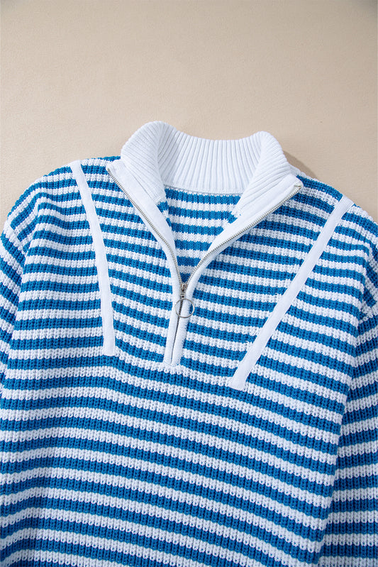 Sky Blue Stripe Zip up Collar Drop Shoulder Sweater Sweaters JT's Designer Fashion