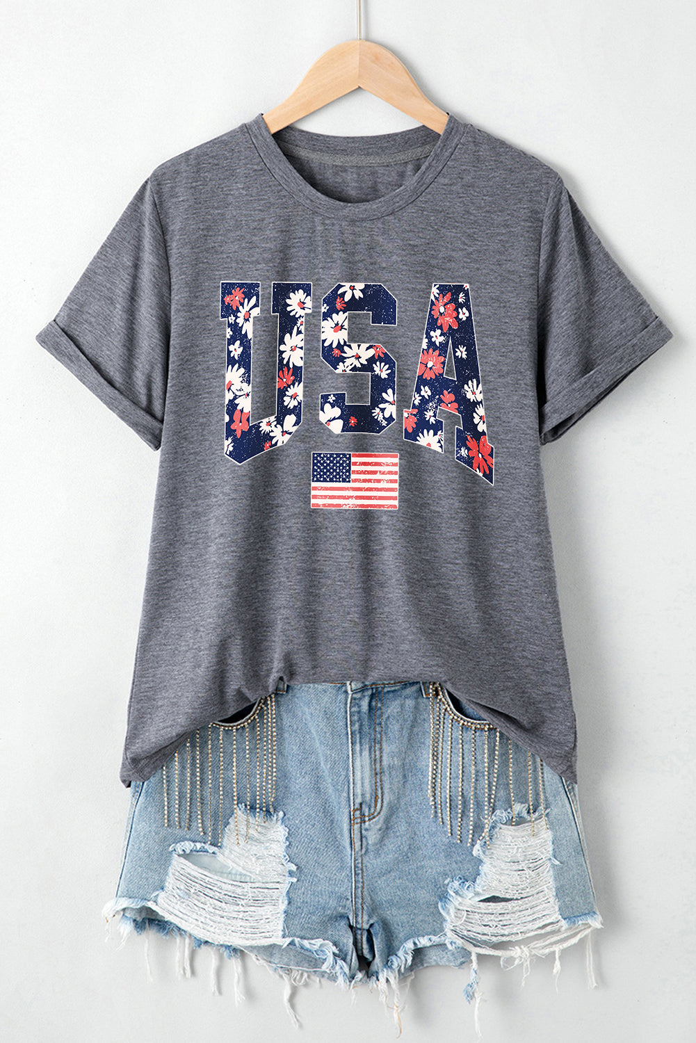 Gray Blooming USA Flag Print Casual T Shirt Graphic Tees JT's Designer Fashion