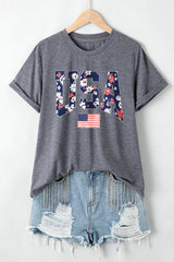 Gray Blooming USA Flag Print Casual T Shirt Graphic Tees JT's Designer Fashion