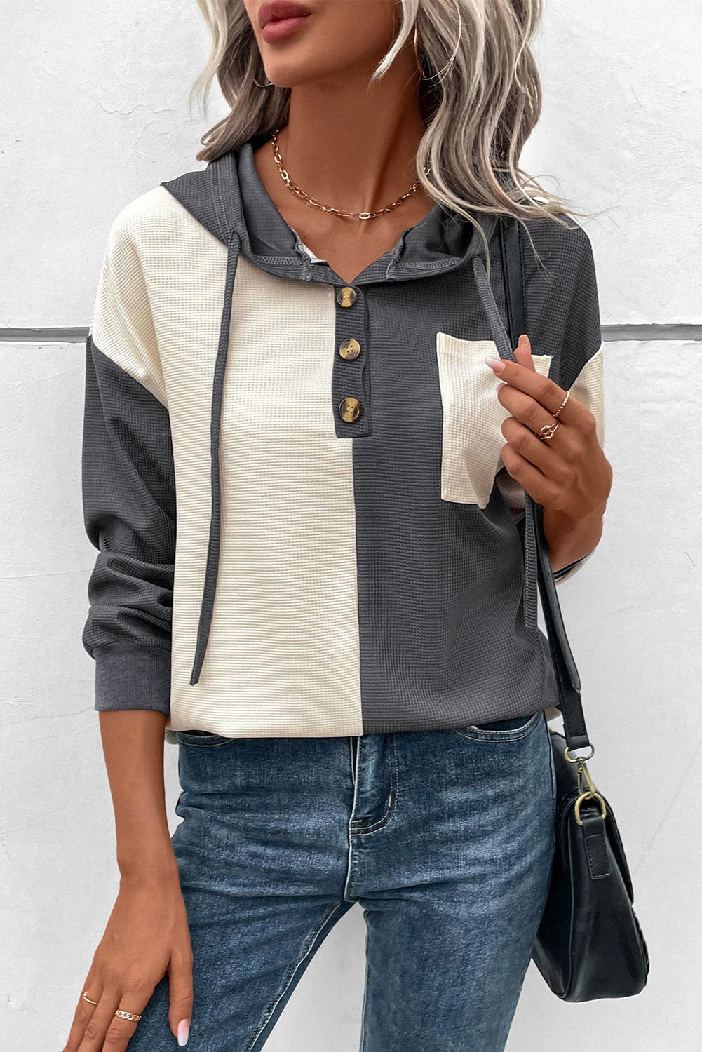 Dark Grey Waffle Colorblock Buttons Placket Drop Shoulder Drawstring Hoodie Sweatshirts & Hoodies JT's Designer Fashion