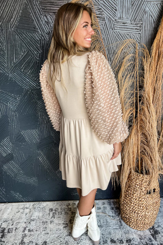 Beige Embellished Puff Sleeve Tiered A-line Dress Mini Dresses JT's Designer Fashion