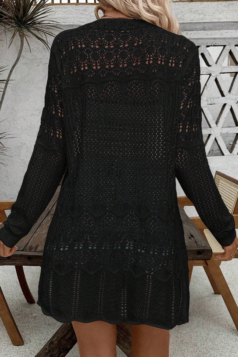 Black Crochet Hollow Out Open Front Cardigan Cardigans JT's Designer Fashion