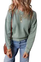 Clearly Aqua Waffle Knit Drop Shoulder V Neck Top Long Sleeve Tops JT's Designer Fashion