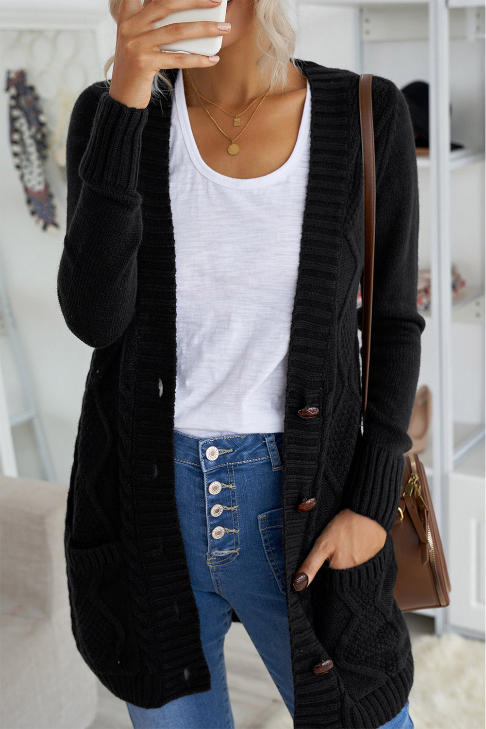 Black Front Pocket and Buttons Closure Cardigan Sweaters & Cardigans JT's Designer Fashion