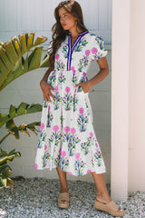 White Floral Puff Short Sleeve V Neck High Waist Maxi Dress Floral Dresses JT's Designer Fashion