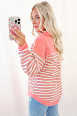 Pink Stripe Buttoned V Neck Collared Drop Shoulder Top Long Sleeve Tops JT's Designer Fashion