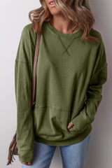 Vineyard Green Drop Shoulder Crisscross Stitching Pocketed Loose Sweatshirt Sweatshirts & Hoodies JT's Designer Fashion