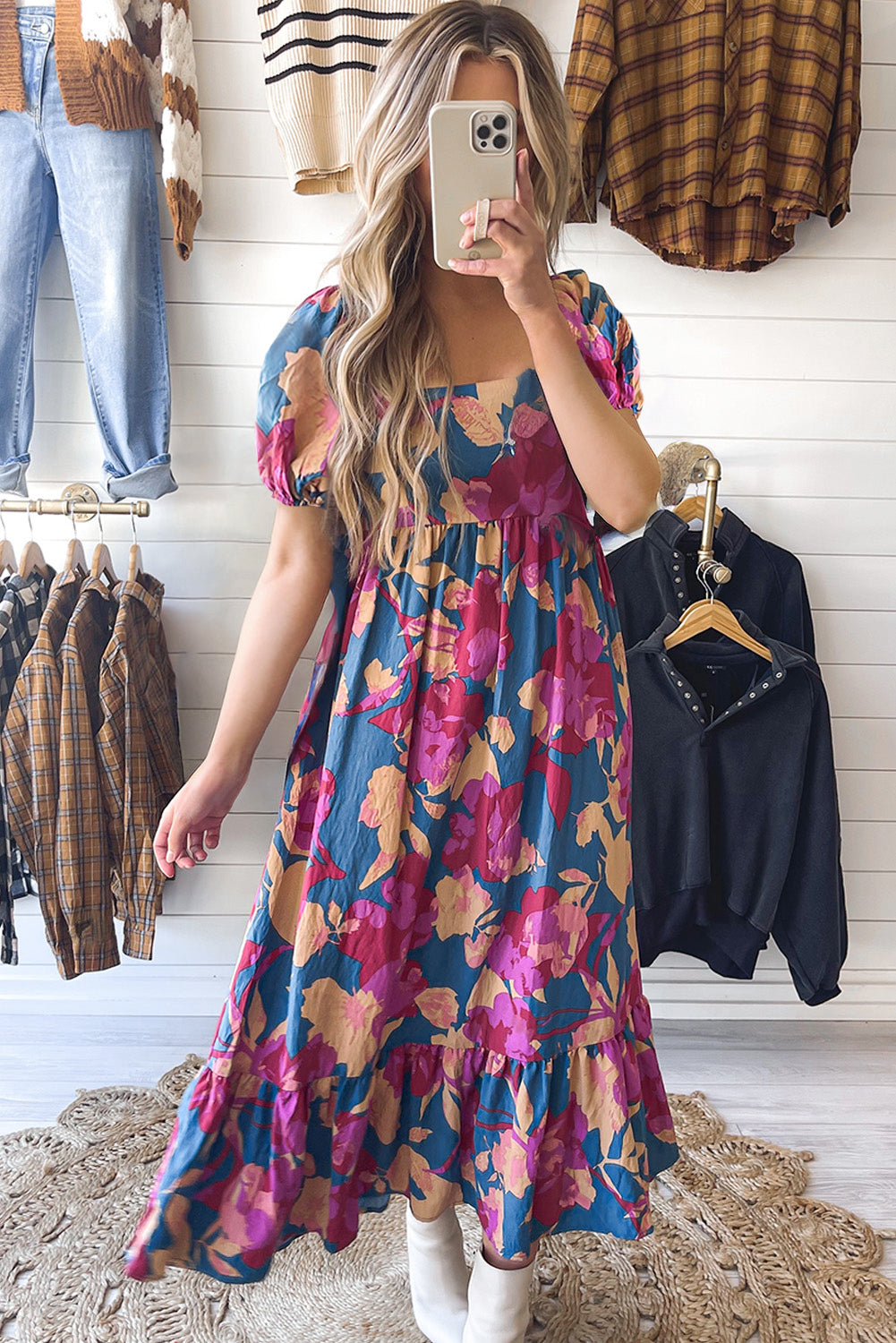 Dark Blue Square Neck Bubble Sleeve Ruffled Floral Dress Floral Dresses JT's Designer Fashion
