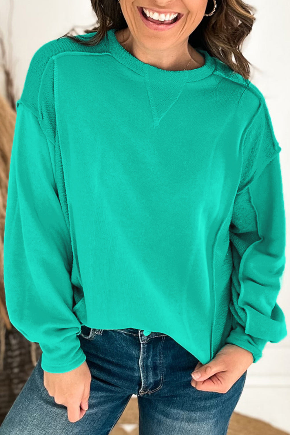 Mint Green Splicing Round Neck Pullover Sweatshirt Sweatshirts & Hoodies JT's Designer Fashion