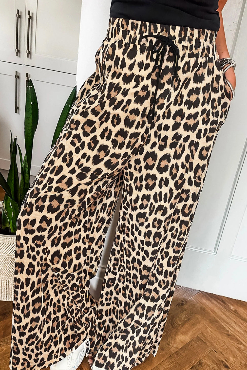 Parchment Leopard Drawstring Flowy Wide Leg Pants Pants & Culotte JT's Designer Fashion