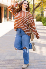 Brown Stripe Drop Shoulder Casual Sweater Sweaters JT's Designer Fashion