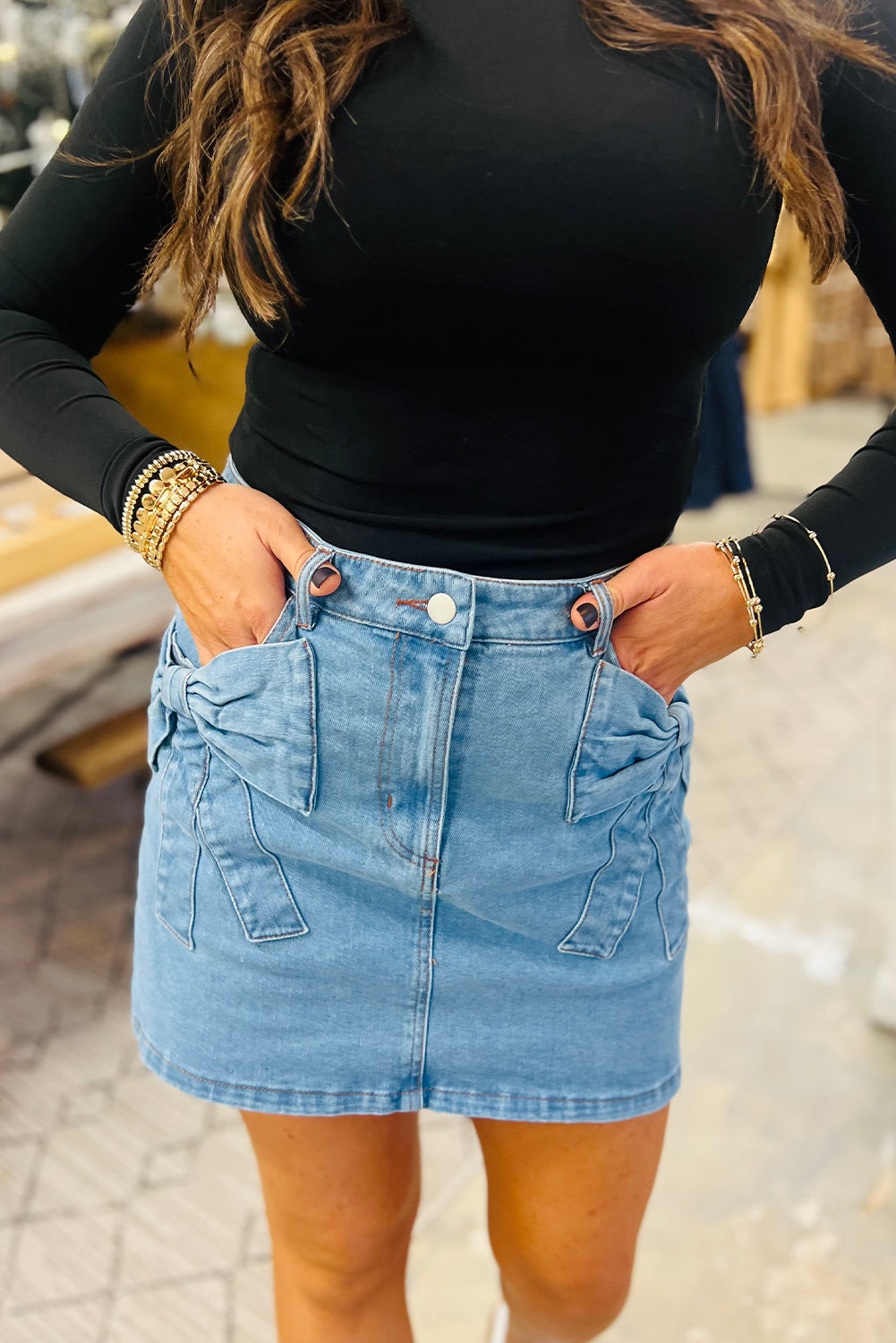 Dusk Blue Acid Wash Bowknot Details High Waist Denim Skirt Bottoms JT's Designer Fashion